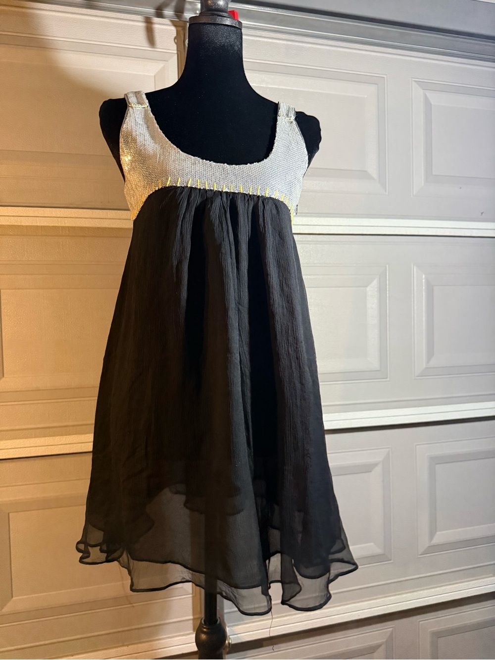 Strapless Black Chiffon Dress with Silver Sequin Bodice